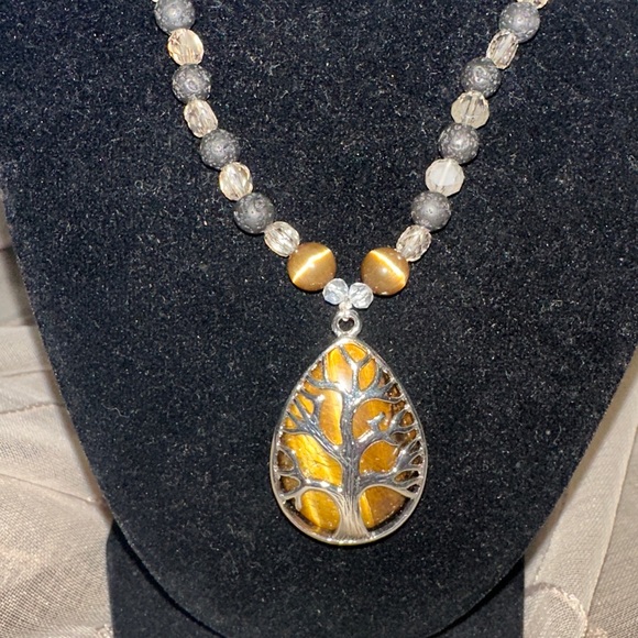 Tiger’s Eye Tree Necklace (Beige Crystal Beads, Black Lava Rock And Tiger’s Eye) - Picture 5 of 12